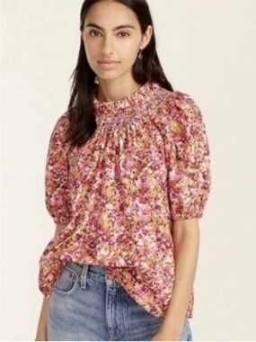 J. Crew Pink and Yellow Floral Smocked-Neck Puff Sleeve Blouse
